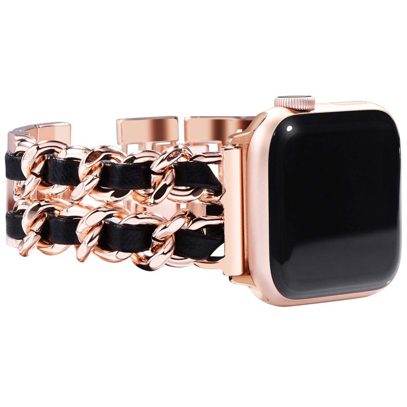 NewWays for Apple Watch Band Series 10 42mm 41mm 40mm 38mm Series9 8 7 SE 6 5 4 3, Jewelry Bracelet for iWatch Band for Women, Rose Gold Link with Black Leather - Image 1